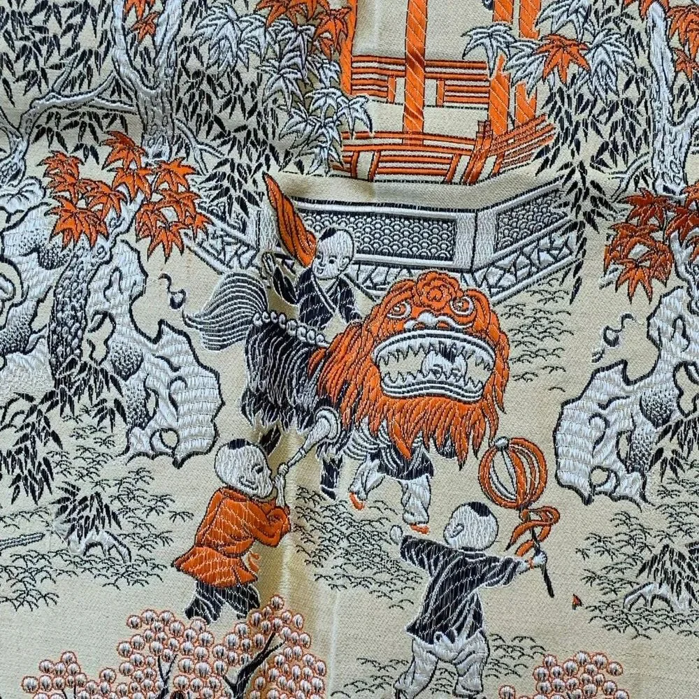 Vintage Asian Oriental Silk Brocade Reverse Image Weave Gold Table 39” X 36”